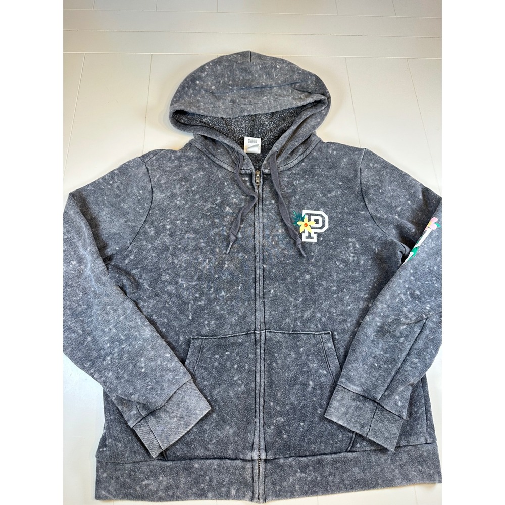 PINK Victoria's Secret Hoodie Women Large Gray Mineral Wash Tropical Floral Zip